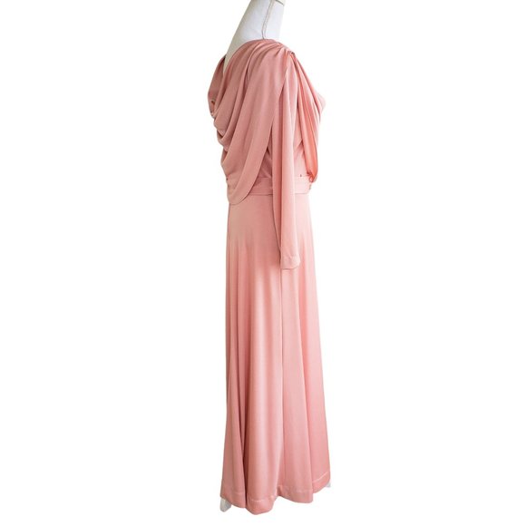 Vintage 70s Pale Pink Draping Long Sleeve Maxi Dress With Belt - Picture 4 of 9